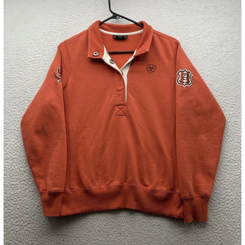 Ariat Sweater Mens Small S Orange T-Snap Collared Spellout Crest Cowboy Western